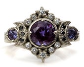 Selene Moon Goddess Ring - Chatham Alexandrite with Black and White Diamonds - 14k Palladium White Gold