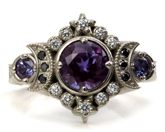 Selene Moon Goddess Ring - Chatham Alexandrite with Black and White Diamonds - 14k Palladium White Gold
