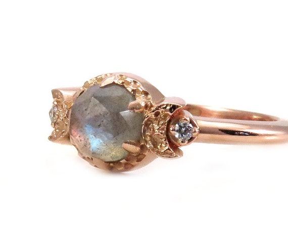 Labradorite and Diamond Moon Goddess Engagement Ring - Gothic Victorian Rose Gold Ring
