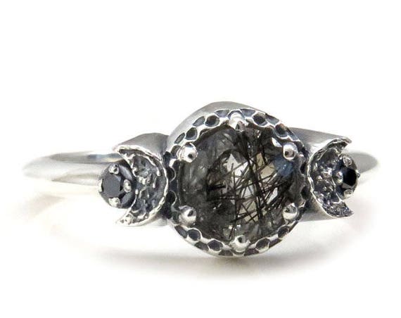 Black Included Quartz Triple Moon Goddess Engagement Ring - Sterling Silver
