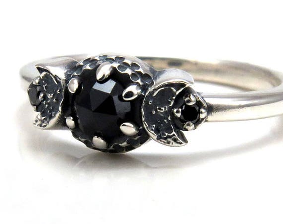 New Moon Crescent Moon Phase Ring - Black Diamonds and Black Spinel - Gothic Engagement Ring