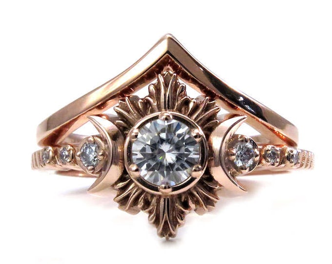 Moon Fire Goddess Engagement Ring Set - Rose Gold with Diamond or Moissanite Center Stone - Chevron Wedding Band