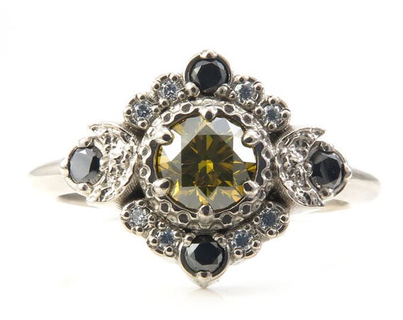 Irradiated Yellow Diamond Engagement Ring - Crescent Moons with a Black and White Diamond Halo