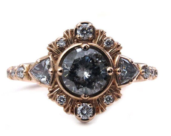 Grey Galaxy Diamond Engagement Ring with Diamond Trillions and Rose Gold Fringe