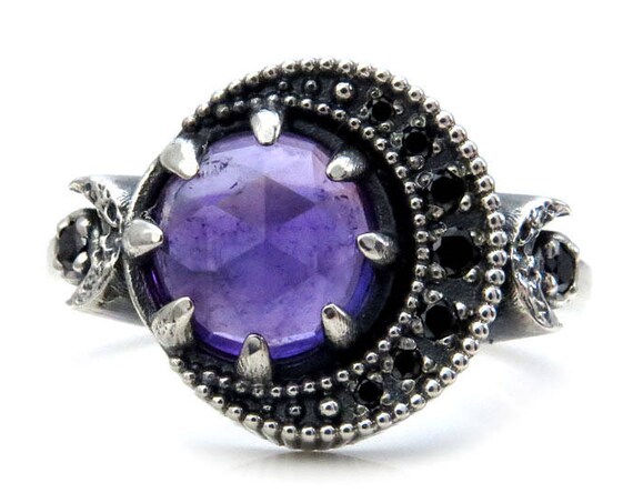 Amethyst Crescent Moon Ring - Sterling Silver Moon Phase Engagement Ring - Black Diamond or Moissanite Crescent