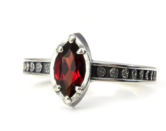 Garnet Marquise Moon Phase Sterling Silver Solitaire Engagement Ring - Choose your Center Stone