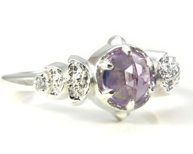Ready to Ship Size 6 - 8 - Moon Phase Pastel Amethyst and White Diamond Sterling Engagement Ring - High Shine Finish
