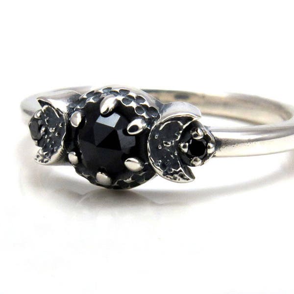 New Moon Crescent Moon Phase Ring - Black Diamonds and Black Spinel - Gothic Engagement Ring