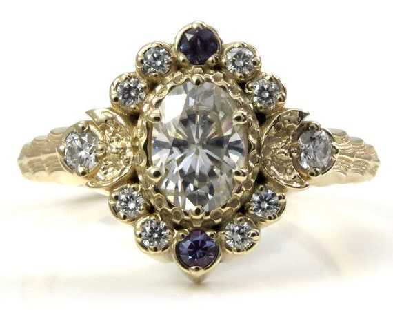 Moon Wave Oval Halo Celestial Engagement Ring - Moissanite Center with Chatham Alexandrite Accents
