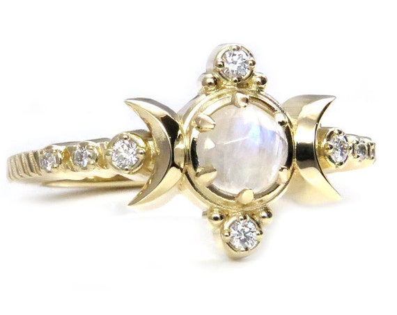 Rainbow Moonstone Moon Compass Engagement Ring with White Diamonds