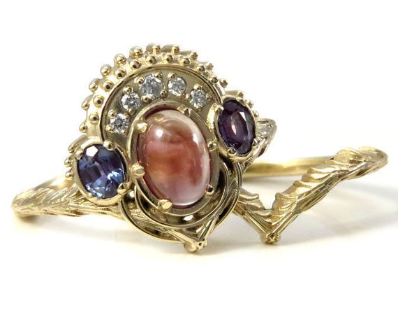 Boleyn Set - Oregon Sunstone and Lab Alexandrite Tudor Styled Engagement Ring Set - Victorian Wedding Ring Set