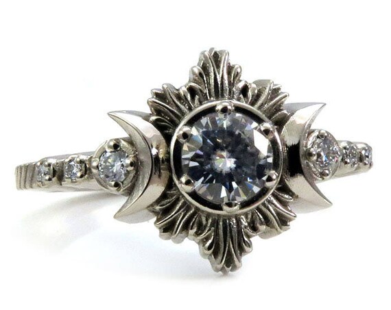 Burning Star and Crescent Moon Engagement Ring - Forever One Moissanite and Diamond Pyre Moon Ring - 14k White, Yellow or Rose Gold
