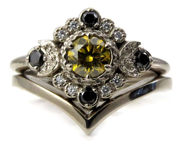 Diamond Moon Engagement Ring with Chevron Wedding Band - Irradiated Yellow Diamond with a Black and White Diamond Halo