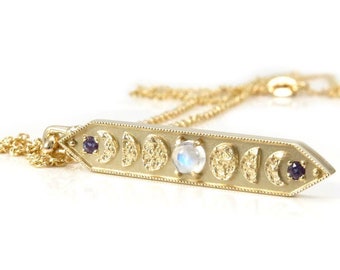 Ready to Ship - 14k Yellow Gold and Moonstone Moon Phase Bar Pendant with Alexandrite - Lunar Bohemian Necklace