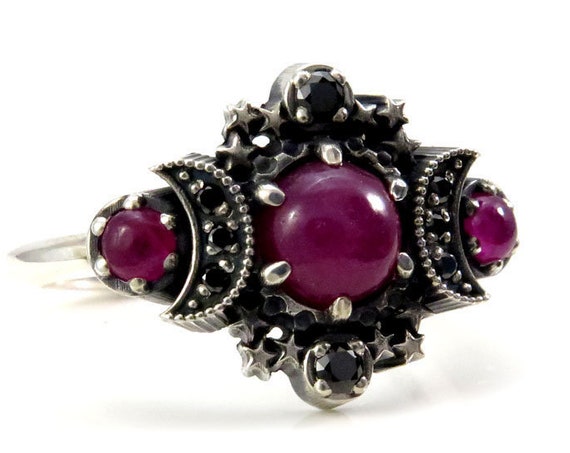 Ready to Ship Size 6 - 8 - Ruby Cabochon Cosmos Moon and Star Ring - Sterling Silver with Black Diamonds - Pink Celestial Ring Set