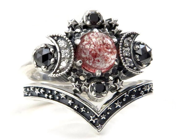 Strawberry Quartz Cosmos Moon and Star Celestial Engagement Ring Set - Sterling Silver