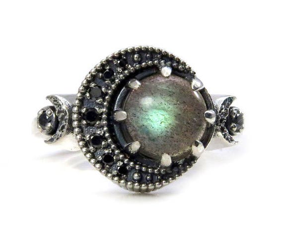 Labradorite and Black Diamond Moon Ring - Sterling Silver Fine Bohemian Jewelry