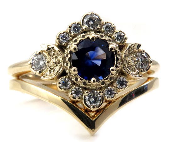 Sapphire and Diamond Engagement Ring Set - Triple Moon Boho Wedding Set with Chevron Wedding Band