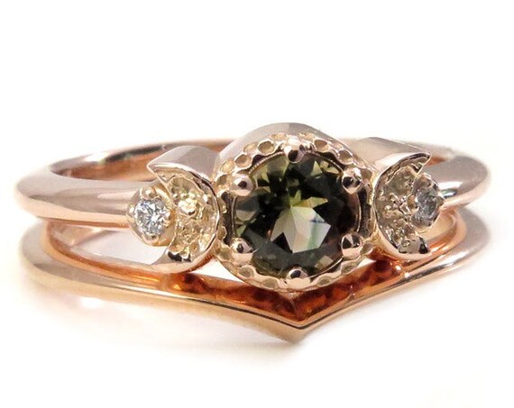Ready to Ship Size 6 - 8 - Green Champagne Bi - Color Tourmaline Moon Ring Set - 14k Rose Gold