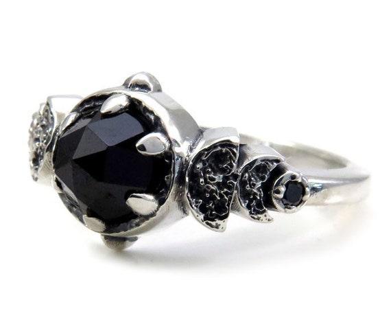 Gothic Victorian Crescent and Half Moon Engagement Ring - Rose Cut Black Spinel and Black Diamonds - Sterling Silver