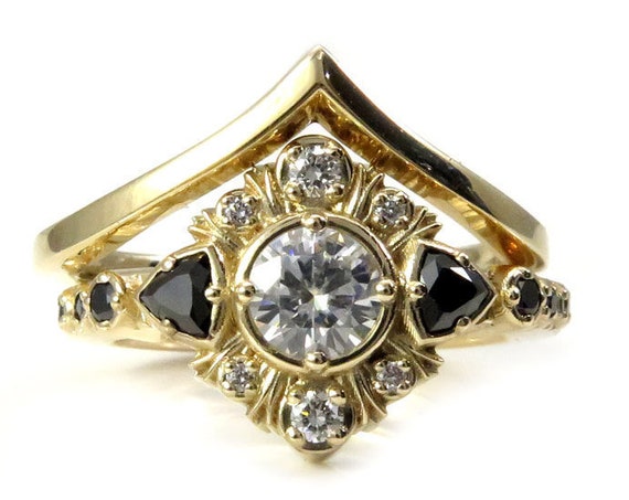 Art Deco Engagement Ring Set with Moissanite, Black Diamond Trillions and Diamonds - Boho Wedding Ring Set