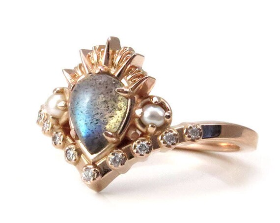 Ursula the Sea Witch Labradorite Engagement Ring with Seed Pearls and Diamonds