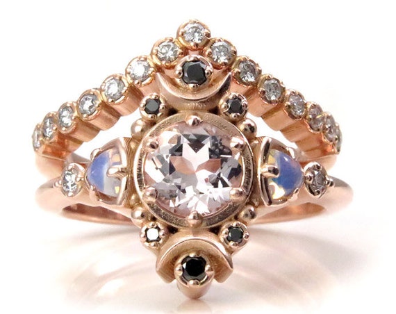Moon Empress Engagement Ring Set - Morganite with Opalite Trillions and Black and White Diamonds