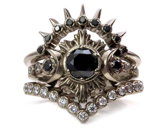 Luna Valkyrie Black and White Diamond Moon Engagement Ring Set - 14k White, Yellow or Rose Gold