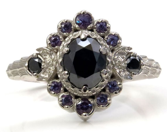 Moon Wave Oval Halo Celestial Engagement Ring - Black Diamonds with Chatham Alexandrite Accents