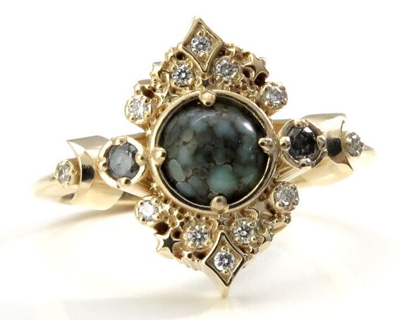 Ready to Ship Size 6 -8 - Galaxie Moon & Stardust Engagement Ring with Variscite and Diamonds - Forest Chevon Wedding Band - 14k Yellow Gold