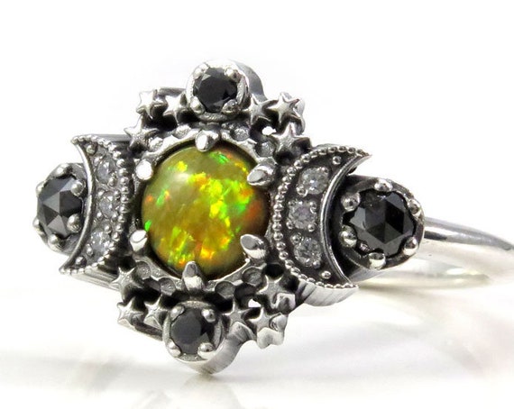 Electric Yellow Lab Opal Cosmos Moon Engagement Ring Set with Stardust Wedding Band
