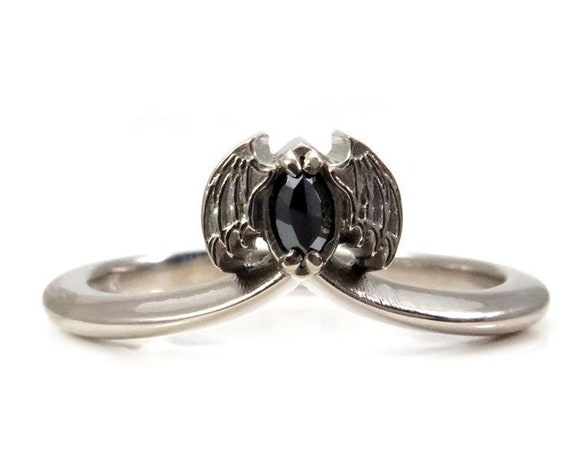 Black Diamond Bat Stacking Ring - 14k Gold Gothic Wedding Band
