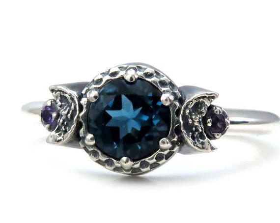 London Blue Topaz 3 Stone Moon Ring with Amethyst Side Gems - Sterling Silver Engagement Ring
