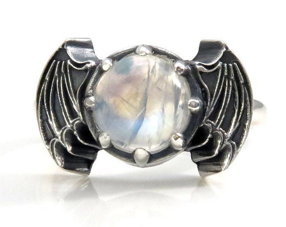 Rainbow Moonstone Bat Wing Gothic Engagement Ring - Sterling Silver Jewelry