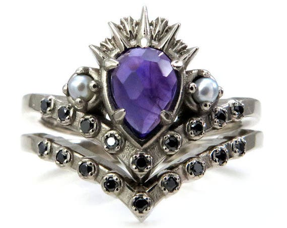 Ursula the Sea Witch Engagement Ring Set - Amethyst Pear with Seed Pearls and Black Diamonds