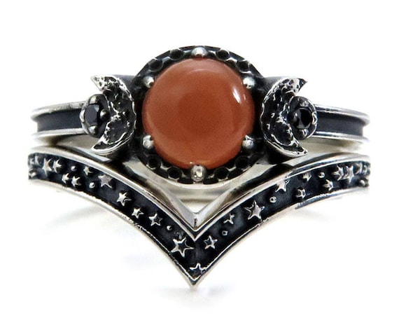 Peach Moonstone Moon Ring Set - Black Diamonds and Stardust Chevron