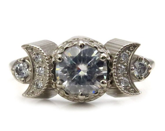 Hecate Moon Engagement Ring - Moissanite and White Diamonds - 14k Palladium White Gold - Bohemain Jewelry