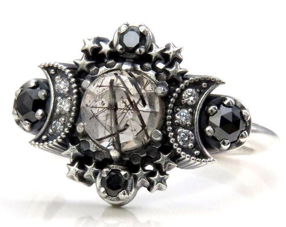 Rose Cut Black Rutile Quartz Cosmos Moon Engagement Ring Set - Sterling Silver with Black & White Diamonds