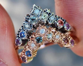 Rainbow Sapphire Stardust Chevron Wedding Band, Black or White Diamond Accents, 14k Gold, Sterling Silver Multi Stone Ring, Gradient Gems