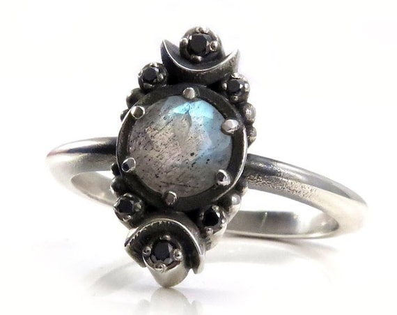 Gothic Luna Labradorite Engagement Ring with Black Diamonds - Sterling Silver