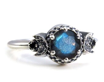 Labradorite and Black Diamond Triple Moon Goddess Ring - Sterling Silver Engagement