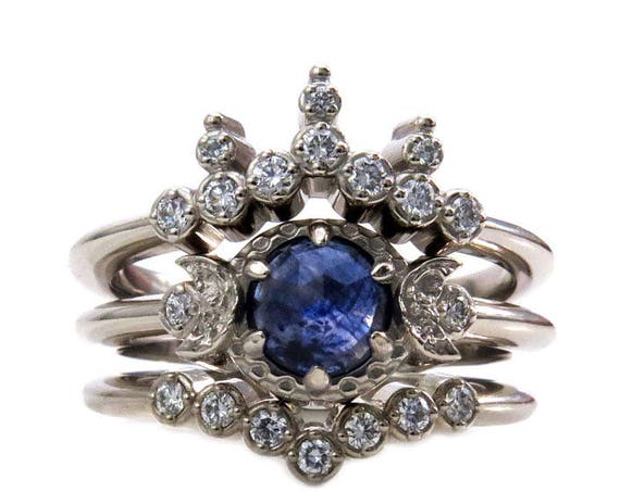 Sapphire Moon Child Engagement Ring Set - Stacking Diamond Wedding Bands