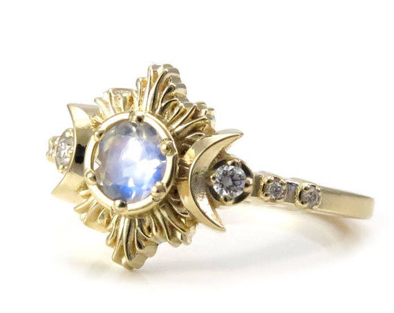 Moonstone Engagement Ring - Diamond Celestial Moon Phase Moon Ring