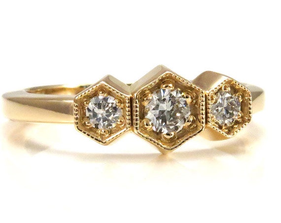 3 Diamond Art Deco Hexagon Ring - 14k Yellow Gold Engagement