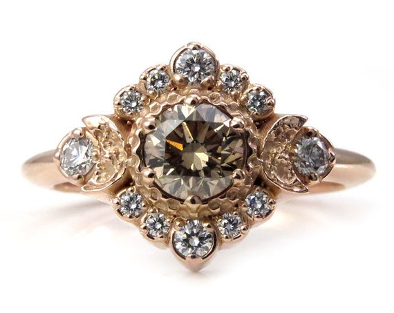Champagne and White Diamond Engagement Ring - Moon Halo Boho Fine Jewelry