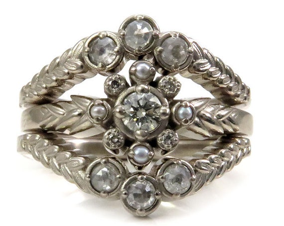 Sage and Sweetgrass Diamond Engagement Ring Set - Champagne and Grey Diamond Botanical Jewelry with Grey Seed Pearls
