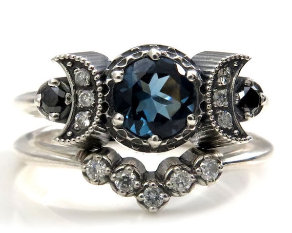 Hecate Triple Moon Engagement Ring Set - Pick Your Center Stone - Sterling Silver with Silver Galaxy and Black Diamonds