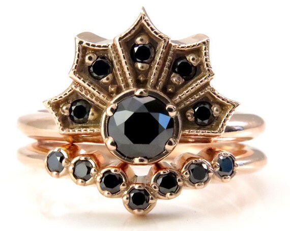 Ready to Ship Size 4.5 - 6.5 - Gothic Art Deco Engagement Ring Set - Black Diamond Crown Ring and Chevron Wedding Band - 14k Rose Gold