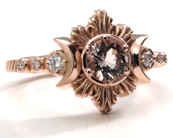 Morganite Moon Fire Lunar Engagement Ring with White Diamonds - 14k Rose Gold Alternative Wedding Ring