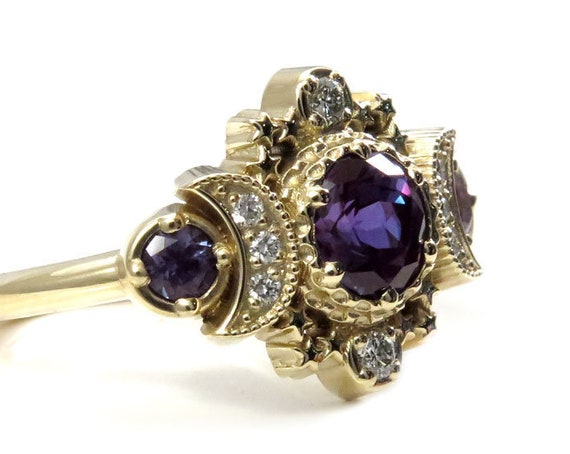 Chatham Alexandrite Cosmos Lunar Engagement Ring - 14k Yellow Gold and Diamonds